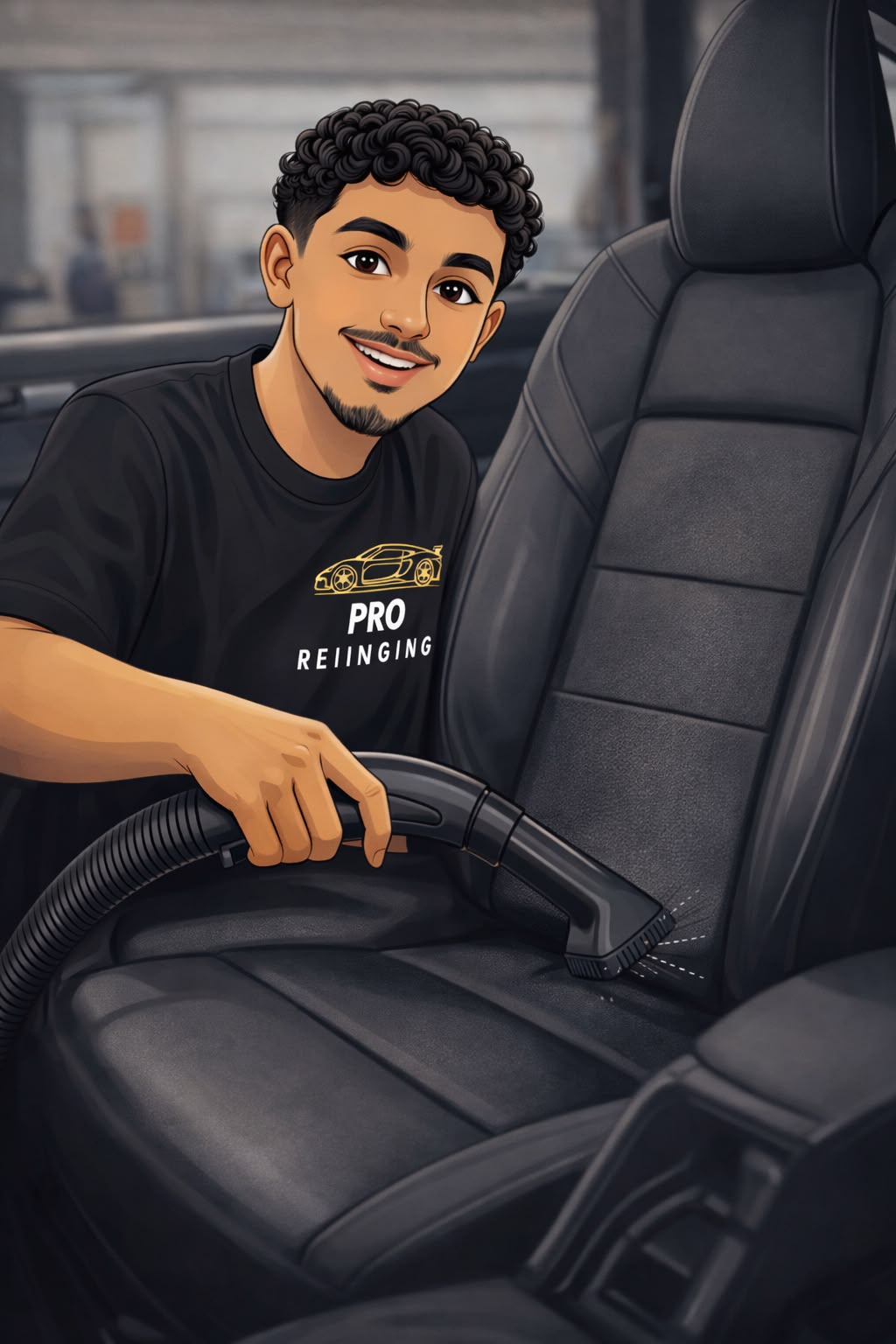 Illustratie van Khalid aan het werk in een auto.